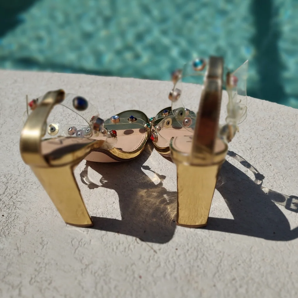 Dainty Minimal Gold Heels With Colorful Stones On Straps - Picture 12 of 14